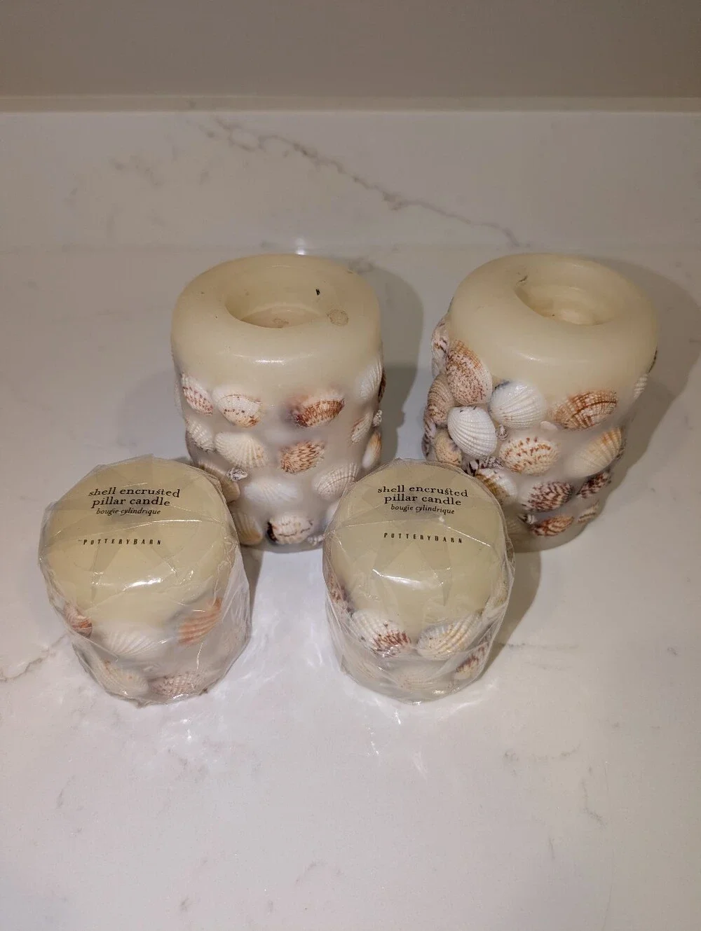 Pottery Barn Shell Encrusted Pillar Candles - Set Of 4